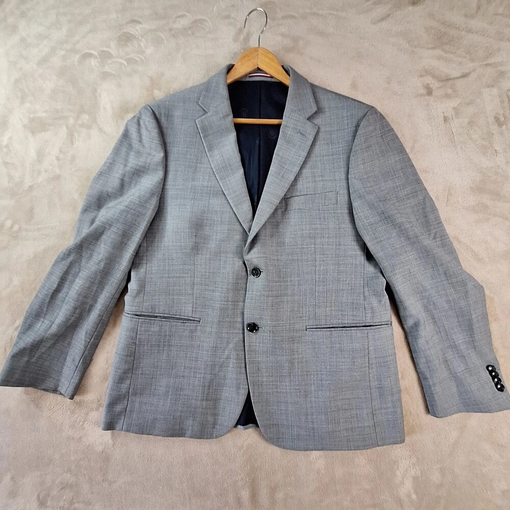 Tommy Hilfiger Suit Jacket Mens 42 Short Gray Wool Poly Double Vent 2 Btn Formal